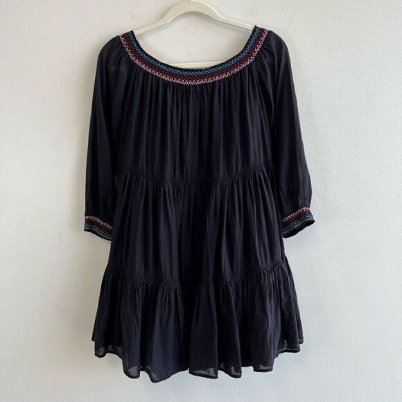 Free People Sunbeams Dress Embroidered Off Shoulder Mini Black Dress M BOHO - Picture 8 of 12